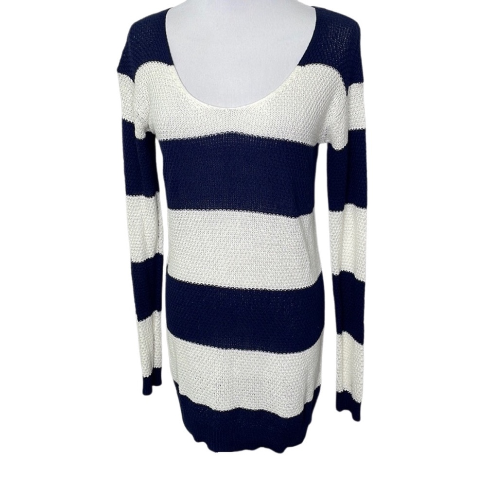 BP. Navy Blue and Ivory Stripe Loose Knit Long Sleeve Sweater